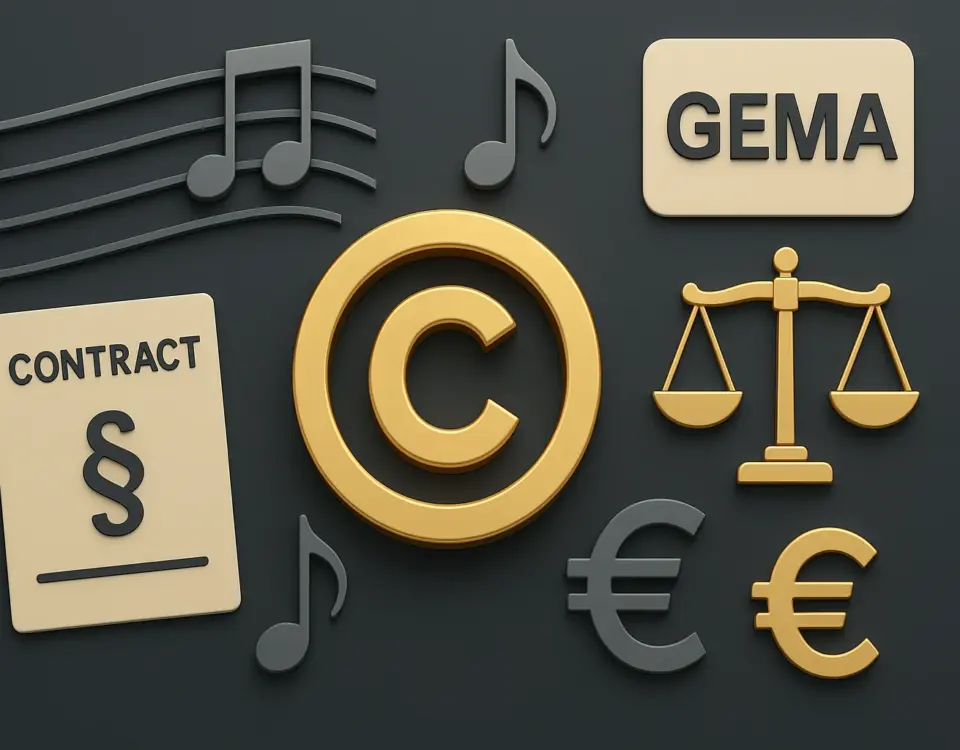 Ein goldenes Copyright-Symbol ist von Noten, einem Vertragssymbol, dem Wort „GEMA“, einer Waage der Gerechtigkeit und Euro-Symbolen umgeben, alles vor einem dunklen Hintergrund.